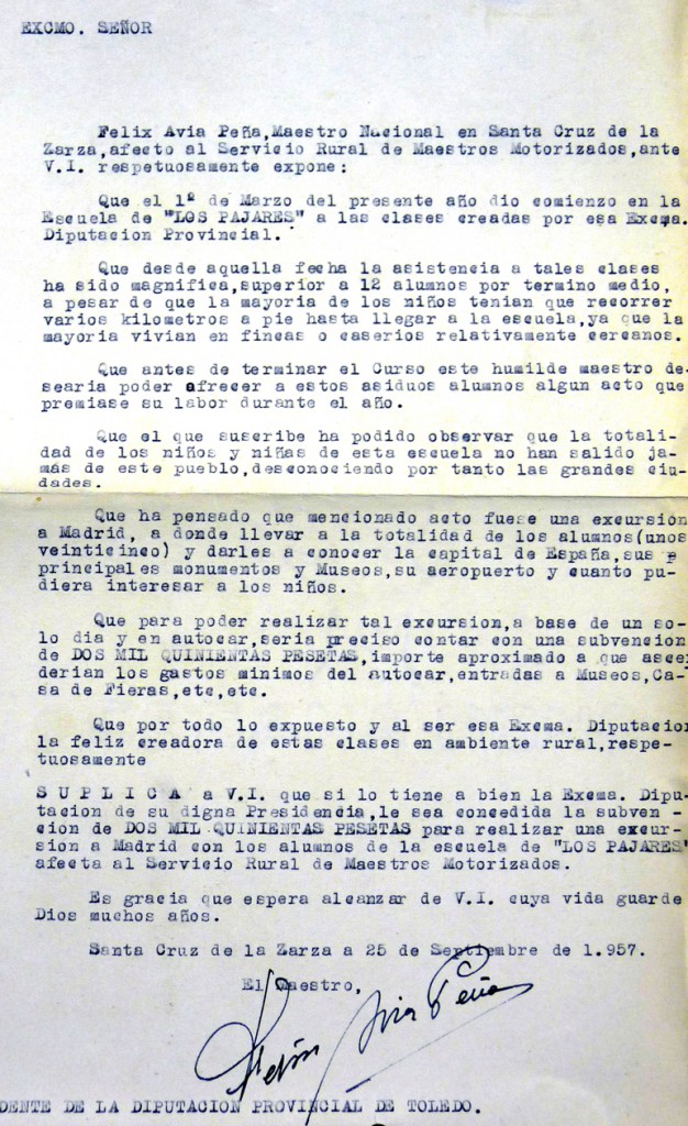 Solicitud de subvención para excursión a Madrid (1957)
