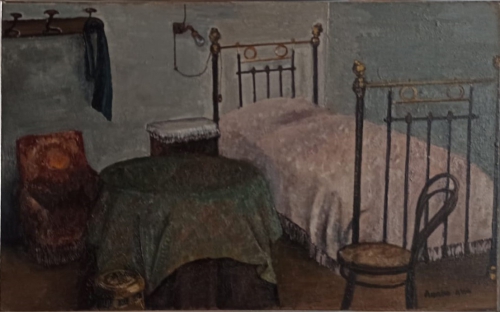 Dormitorio con colcha rosa* (1985)