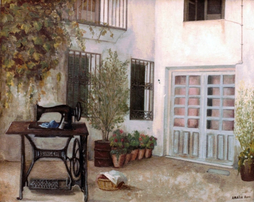 Patio de Santa Cruz con máquina de coser (1978)  48 x  61 cm.